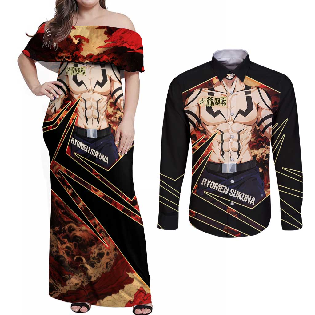 Ryomen Sukuna Malevolent Shrine Couples Matching Off Shoulder Maxi Dress and Long Sleeve Button Shirt Infernal Cursed Domain Art Style