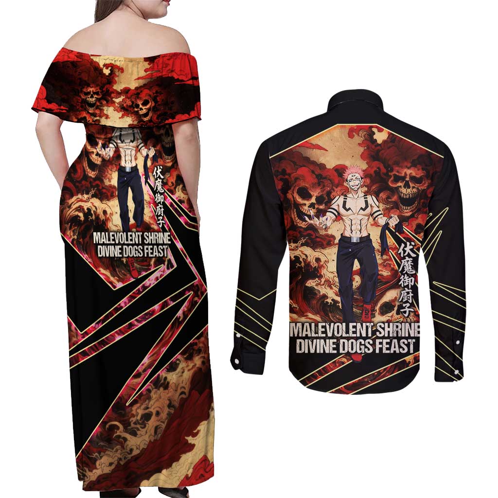 Ryomen Sukuna Malevolent Shrine Couples Matching Off Shoulder Maxi Dress and Long Sleeve Button Shirt Infernal Cursed Domain Art Style