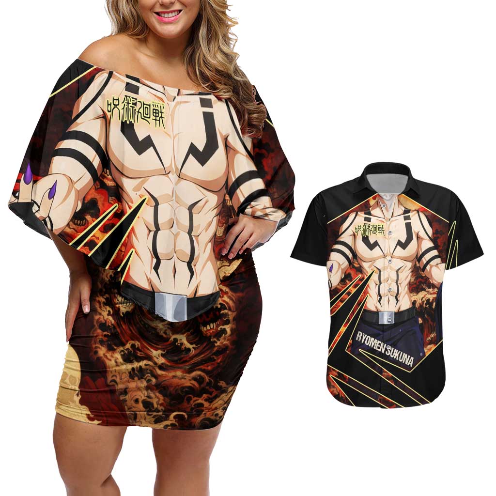 Ryomen Sukuna Malevolent Shrine Couples Matching Off Shoulder Short Dress and Hawaiian Shirt Infernal Cursed Domain Art Style