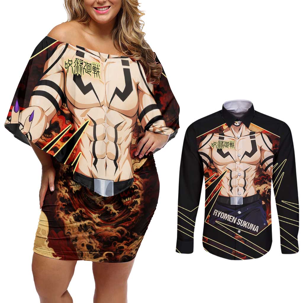 Ryomen Sukuna Malevolent Shrine Couples Matching Off Shoulder Short Dress and Long Sleeve Button Shirt Infernal Cursed Domain Art Style