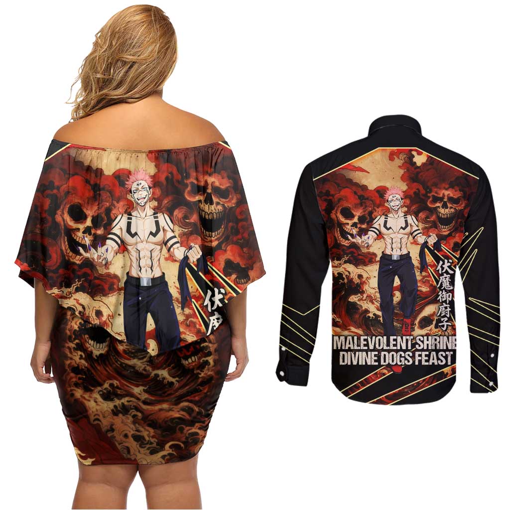 Ryomen Sukuna Malevolent Shrine Couples Matching Off Shoulder Short Dress and Long Sleeve Button Shirt Infernal Cursed Domain Art Style