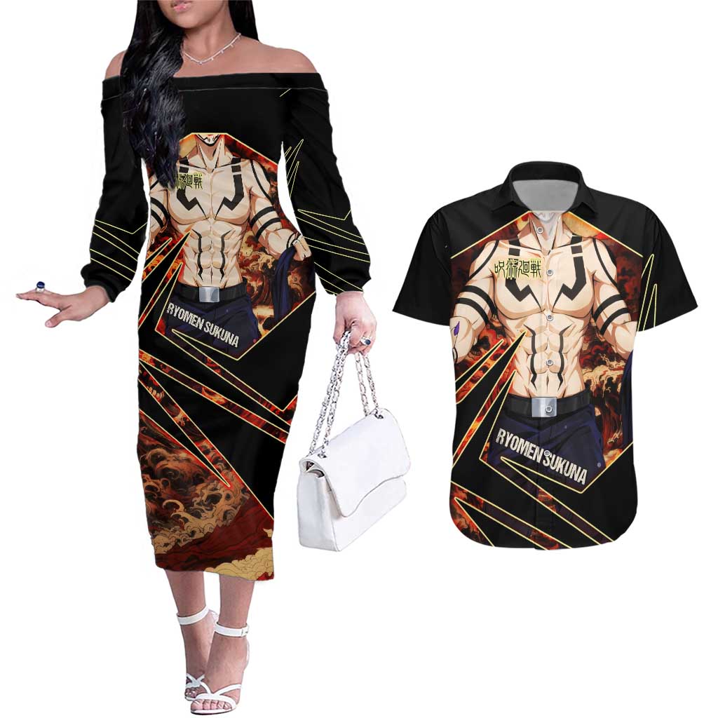 Ryomen Sukuna Malevolent Shrine Couples Matching Off The Shoulder Long Sleeve Dress and Hawaiian Shirt Infernal Cursed Domain Art Style