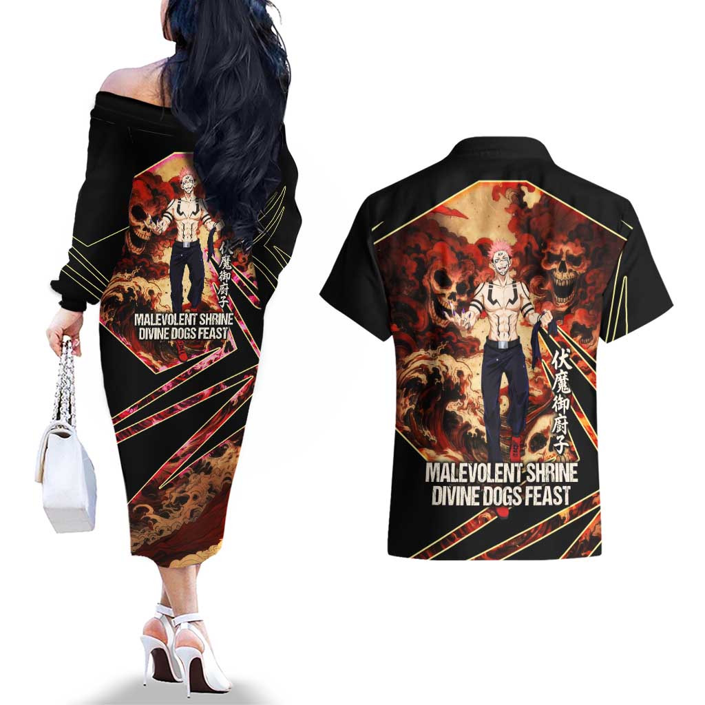Ryomen Sukuna Malevolent Shrine Couples Matching Off The Shoulder Long Sleeve Dress and Hawaiian Shirt Infernal Cursed Domain Art Style