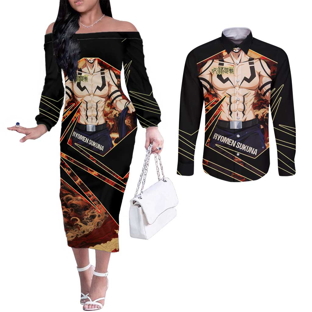 Ryomen Sukuna Malevolent Shrine Couples Matching Off The Shoulder Long Sleeve Dress and Long Sleeve Button Shirt Infernal Cursed Domain Art Style