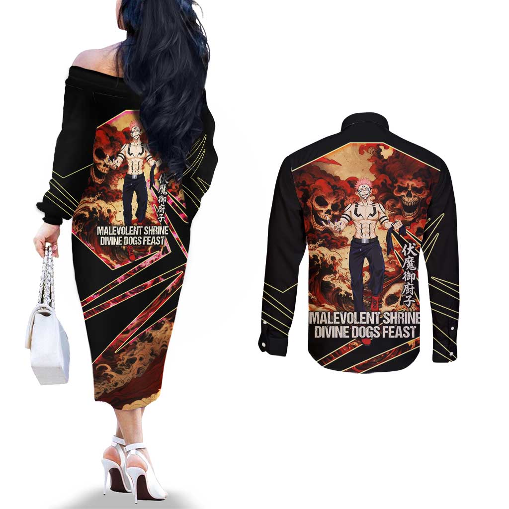Ryomen Sukuna Malevolent Shrine Couples Matching Off The Shoulder Long Sleeve Dress and Long Sleeve Button Shirt Infernal Cursed Domain Art Style