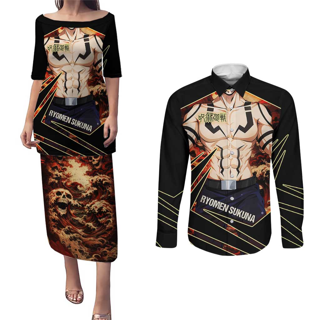 Ryomen Sukuna Malevolent Shrine Couples Matching Puletasi and Long Sleeve Button Shirt Infernal Cursed Domain Art Style