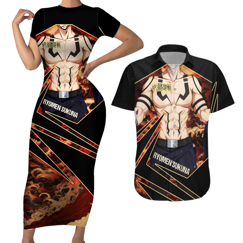 Ryomen Sukuna Malevolent Shrine Couples Matching Short Sleeve Bodycon Dress and Hawaiian Shirt Infernal Cursed Domain Art Style