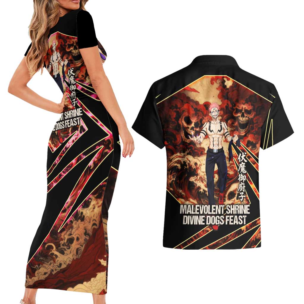 Ryomen Sukuna Malevolent Shrine Couples Matching Short Sleeve Bodycon Dress and Hawaiian Shirt Infernal Cursed Domain Art Style