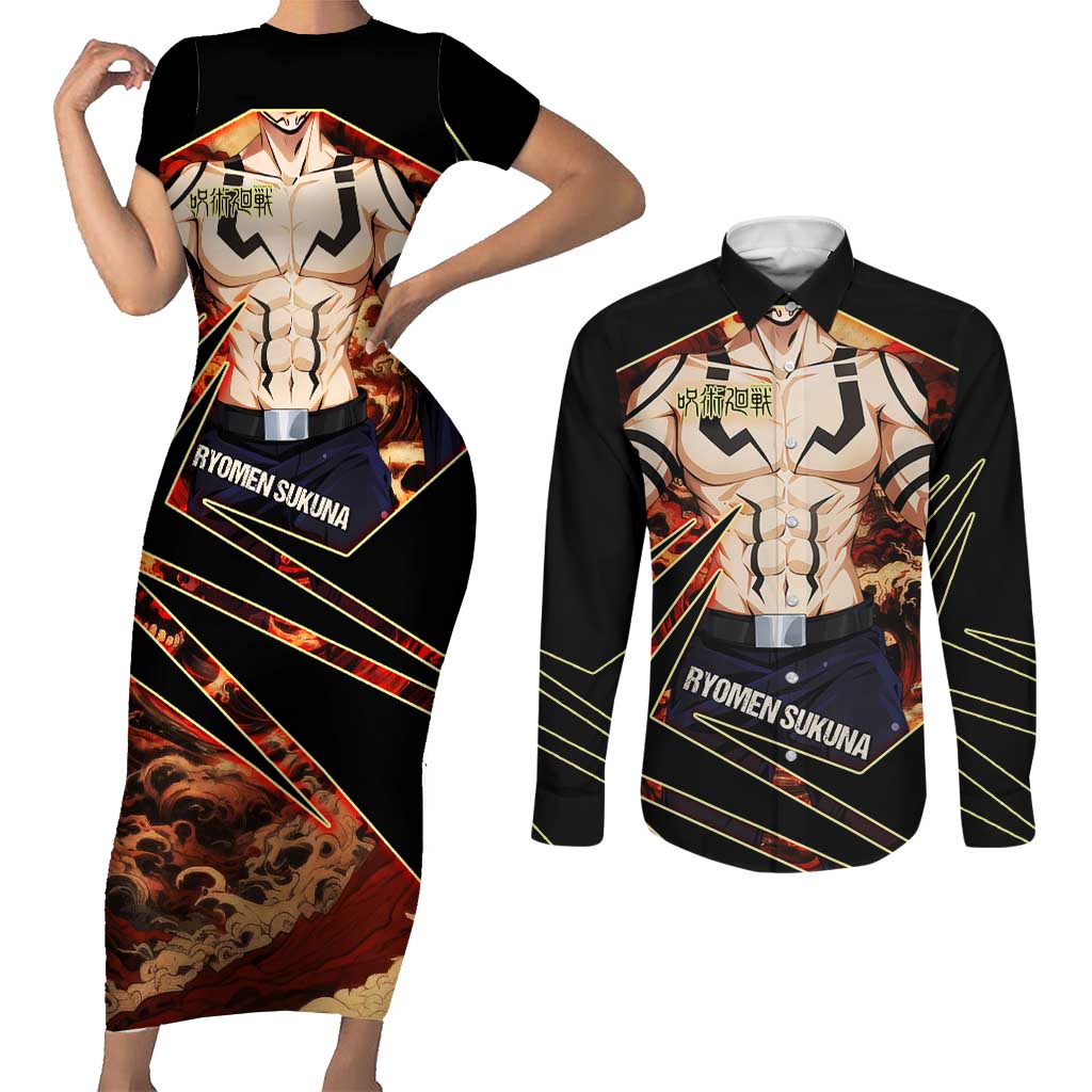 Ryomen Sukuna Malevolent Shrine Couples Matching Short Sleeve Bodycon Dress and Long Sleeve Button Shirt Infernal Cursed Domain Art Style