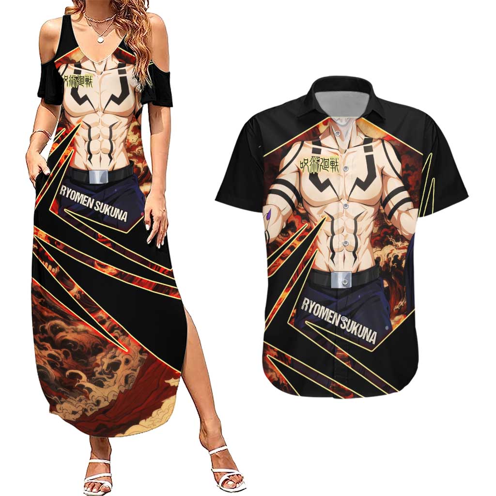 Ryomen Sukuna Malevolent Shrine Couples Matching Summer Maxi Dress and Hawaiian Shirt Infernal Cursed Domain Art Style