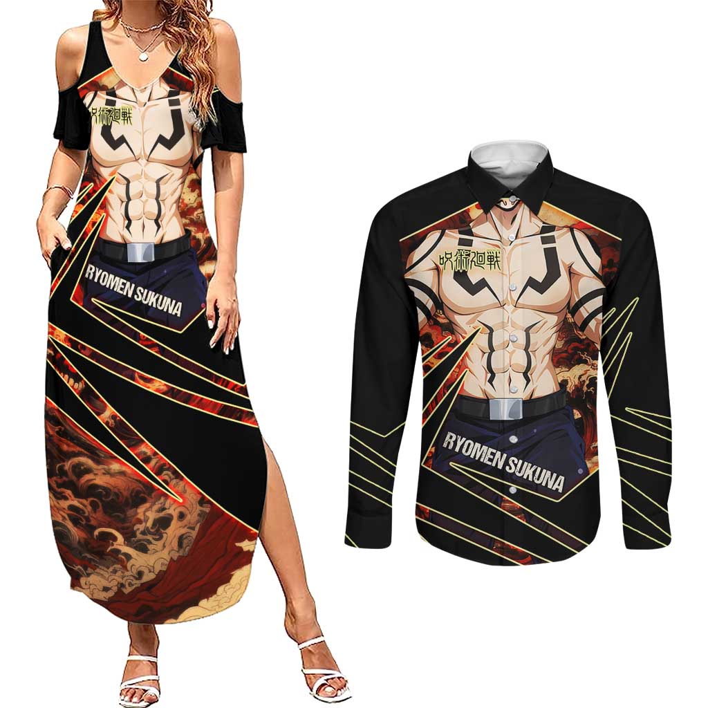 Ryomen Sukuna Malevolent Shrine Couples Matching Summer Maxi Dress and Long Sleeve Button Shirt Infernal Cursed Domain Art Style