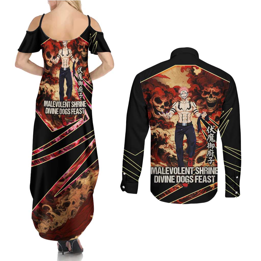 Ryomen Sukuna Malevolent Shrine Couples Matching Summer Maxi Dress and Long Sleeve Button Shirt Infernal Cursed Domain Art Style