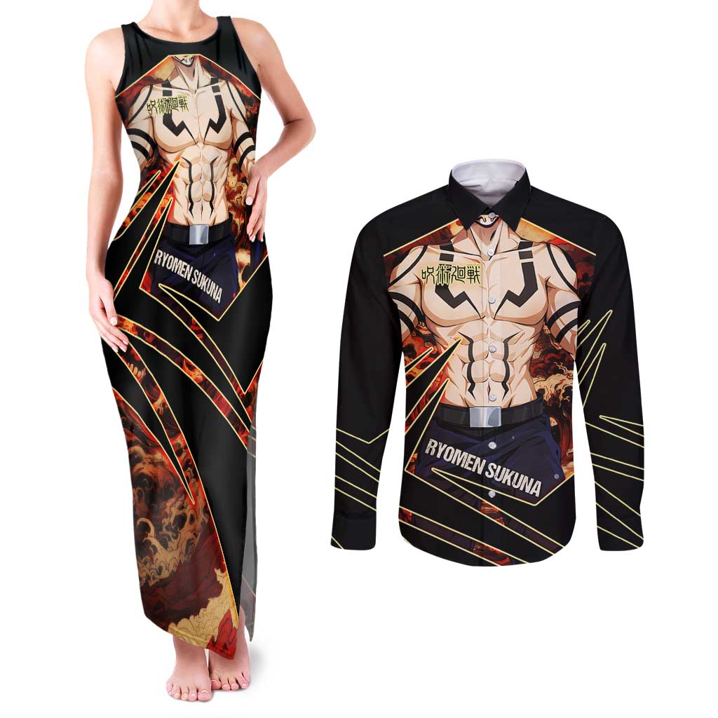 Ryomen Sukuna Malevolent Shrine Couples Matching Tank Maxi Dress and Long Sleeve Button Shirt Infernal Cursed Domain Art Style