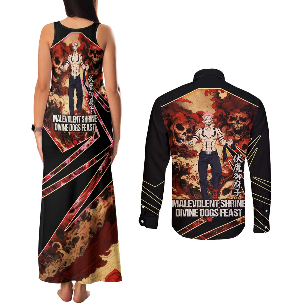 Ryomen Sukuna Malevolent Shrine Couples Matching Tank Maxi Dress and Long Sleeve Button Shirt Infernal Cursed Domain Art Style