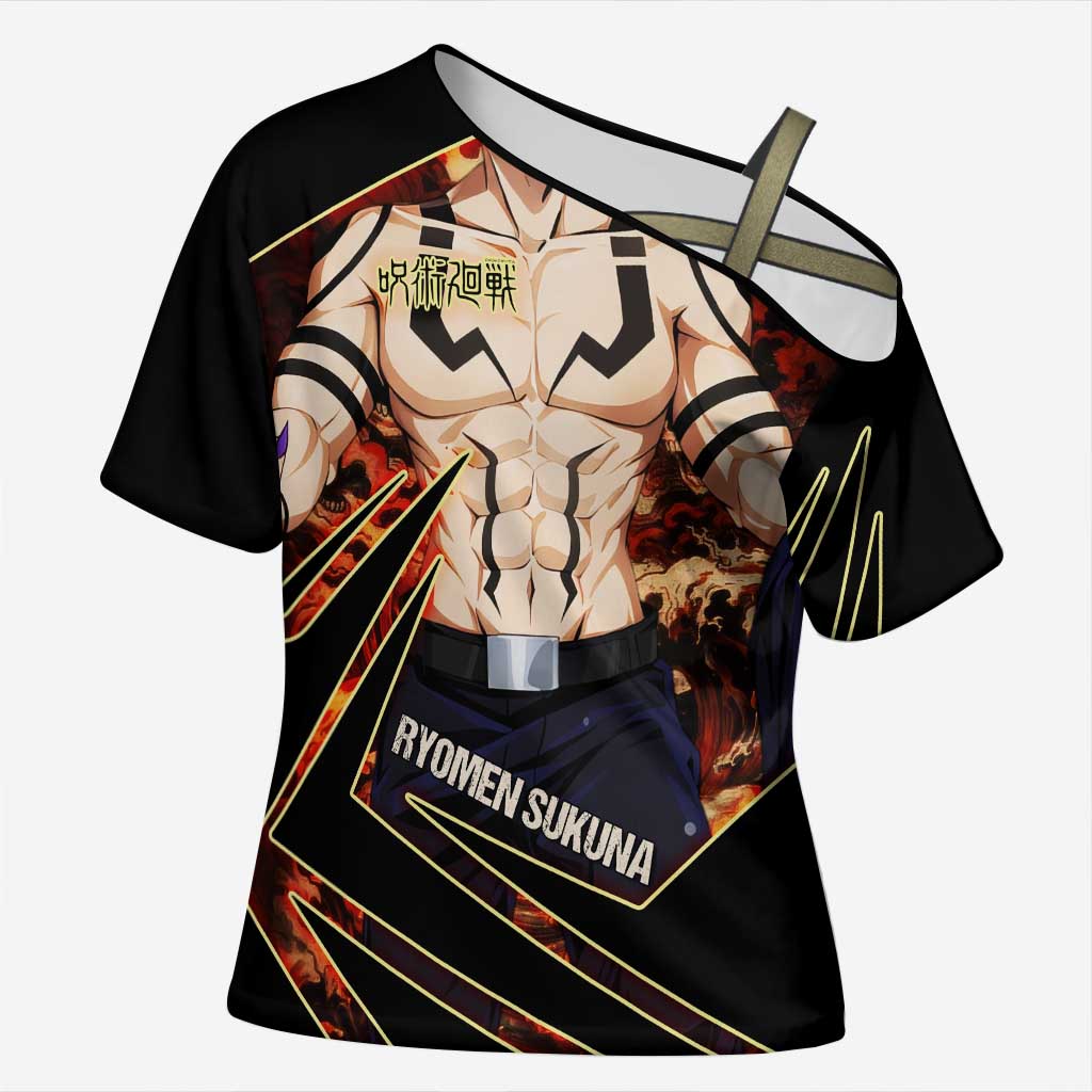 Ryomen Sukuna Malevolent Shrine Cross Shoulder Shirt Infernal Cursed Domain Art Style