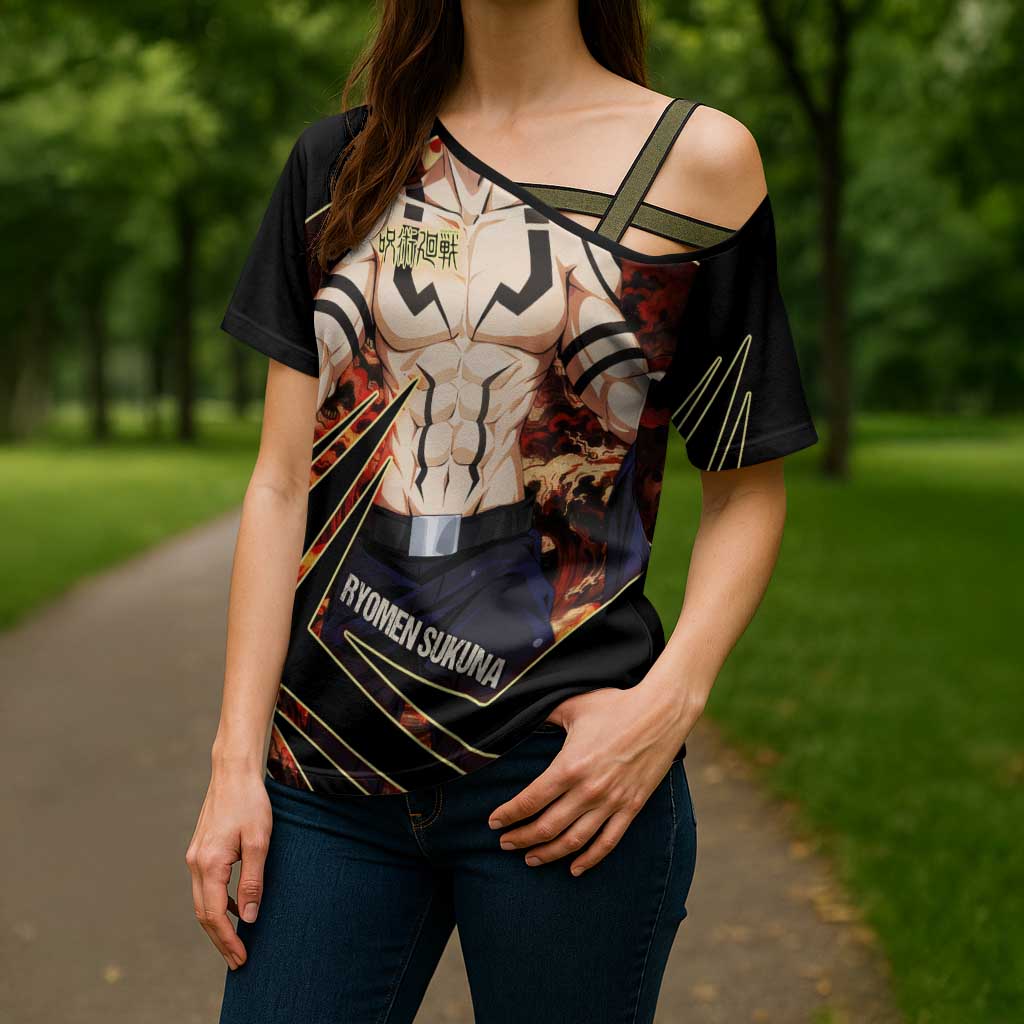 Ryomen Sukuna Malevolent Shrine Cross Shoulder Shirt Infernal Cursed Domain Art Style