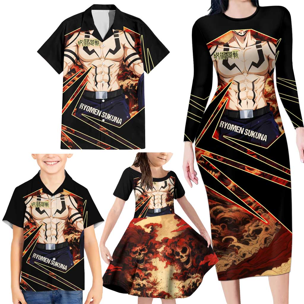 Ryomen Sukuna Malevolent Shrine Family Matching Long Sleeve Bodycon Dress and Hawaiian Shirt Infernal Cursed Domain Art Style