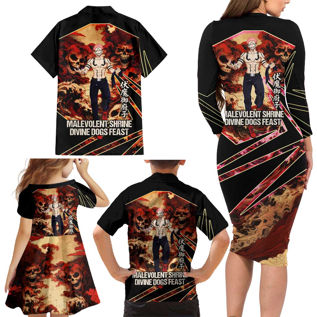 Ryomen Sukuna Malevolent Shrine Family Matching Long Sleeve Bodycon Dress and Hawaiian Shirt Infernal Cursed Domain Art Style