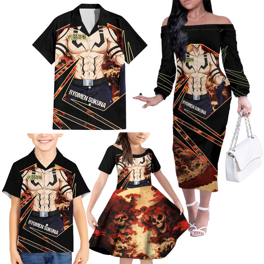Ryomen Sukuna Malevolent Shrine Family Matching Off The Shoulder Long Sleeve Dress and Hawaiian Shirt Infernal Cursed Domain Art Style