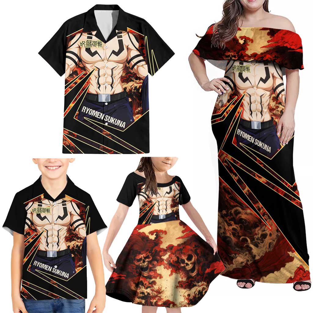Ryomen Sukuna Malevolent Shrine Family Matching Off Shoulder Maxi Dress and Hawaiian Shirt Infernal Cursed Domain Art Style