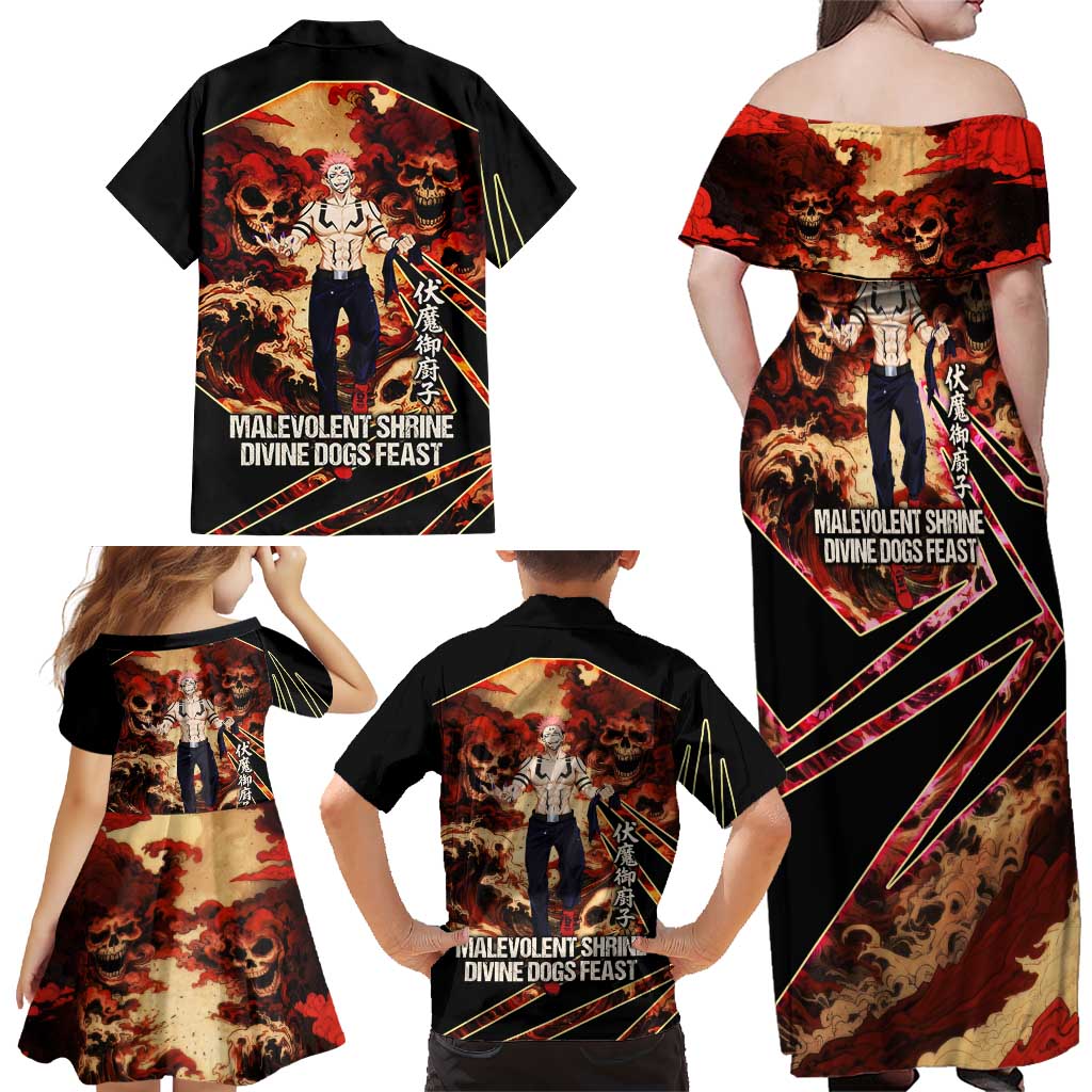 Ryomen Sukuna Malevolent Shrine Family Matching Off Shoulder Maxi Dress and Hawaiian Shirt Infernal Cursed Domain Art Style