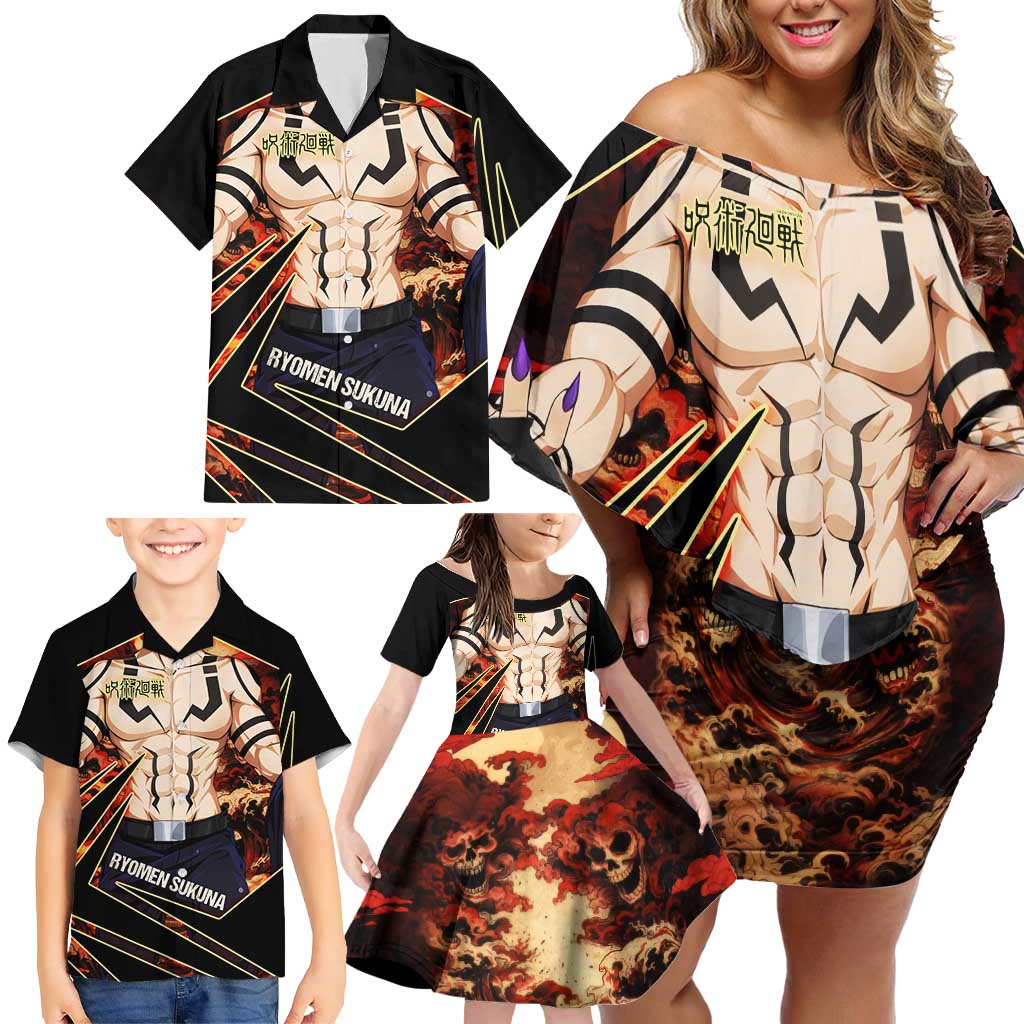 Ryomen Sukuna Malevolent Shrine Family Matching Off Shoulder Short Dress and Hawaiian Shirt Infernal Cursed Domain Art Style