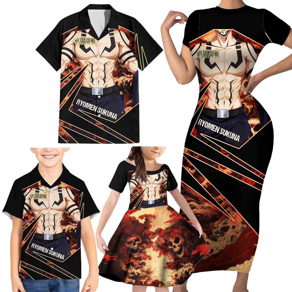 Ryomen Sukuna Malevolent Shrine Family Matching Short Sleeve Bodycon Dress and Hawaiian Shirt Infernal Cursed Domain Art Style