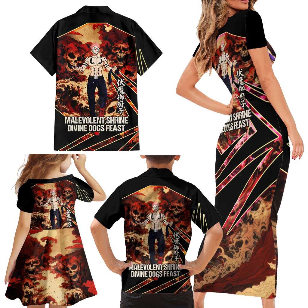 Ryomen Sukuna Malevolent Shrine Family Matching Short Sleeve Bodycon Dress and Hawaiian Shirt Infernal Cursed Domain Art Style