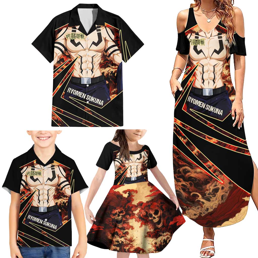 Ryomen Sukuna Malevolent Shrine Family Matching Summer Maxi Dress and Hawaiian Shirt Infernal Cursed Domain Art Style
