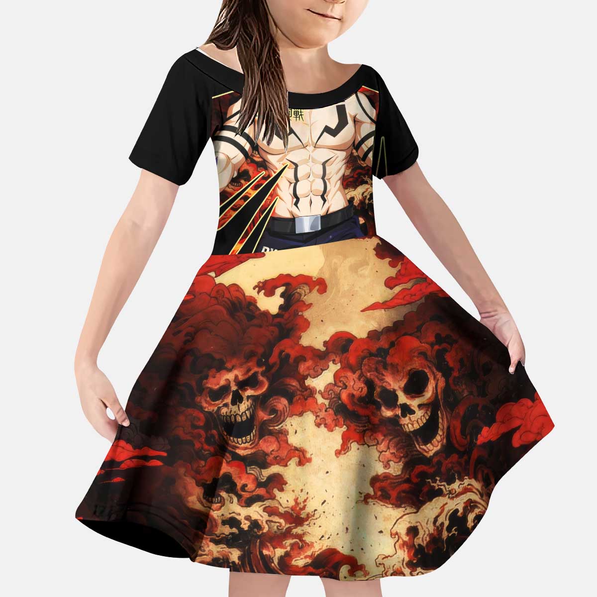 Ryomen Sukuna Malevolent Shrine Kid Short Sleeve Dress Infernal Cursed Domain Art Style