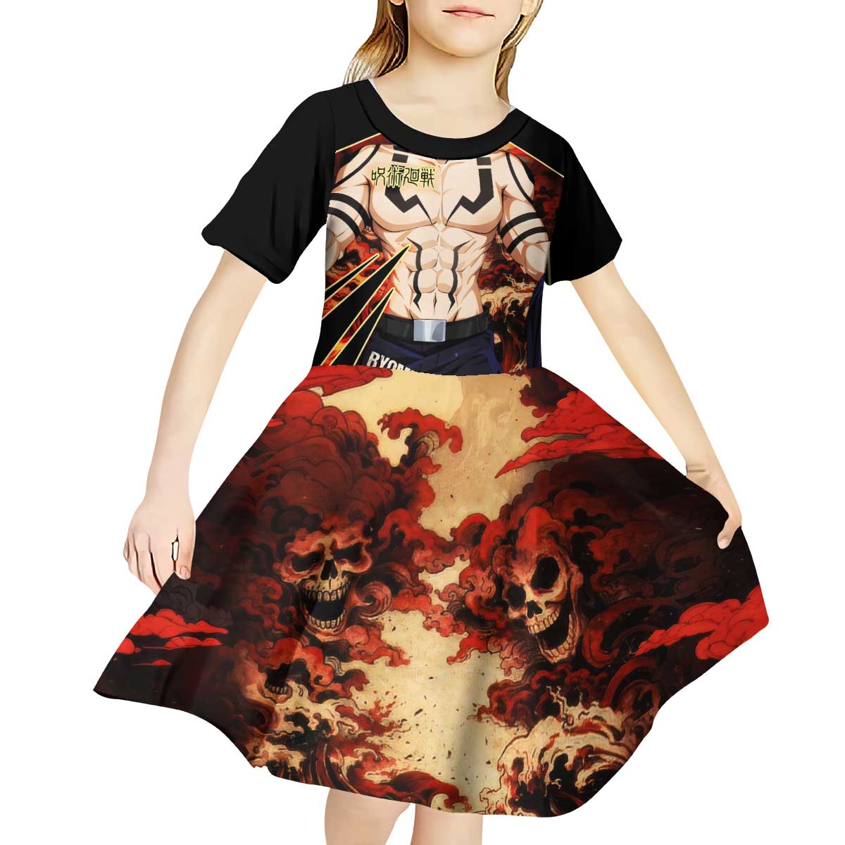Ryomen Sukuna Malevolent Shrine Kid Short Sleeve Dress Infernal Cursed Domain Art Style
