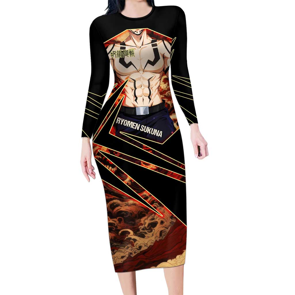 Ryomen Sukuna Malevolent Shrine Long Sleeve Bodycon Dress Infernal Cursed Domain Art Style