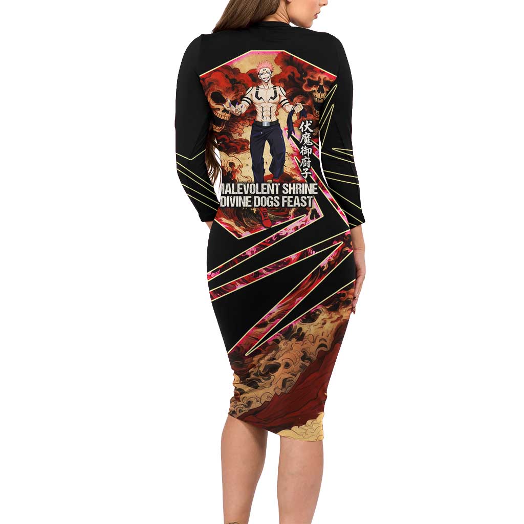 Ryomen Sukuna Malevolent Shrine Long Sleeve Bodycon Dress Infernal Cursed Domain Art Style