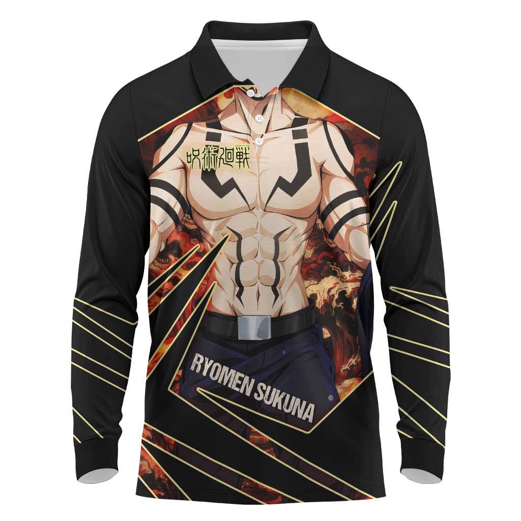 Ryomen Sukuna Malevolent Shrine Long Sleeve Polo Shirt Infernal Cursed Domain Art Style
