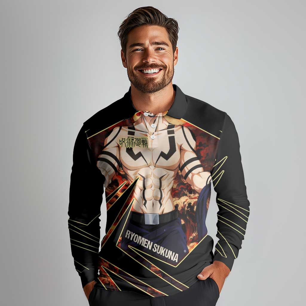 Ryomen Sukuna Malevolent Shrine Long Sleeve Polo Shirt Infernal Cursed Domain Art Style