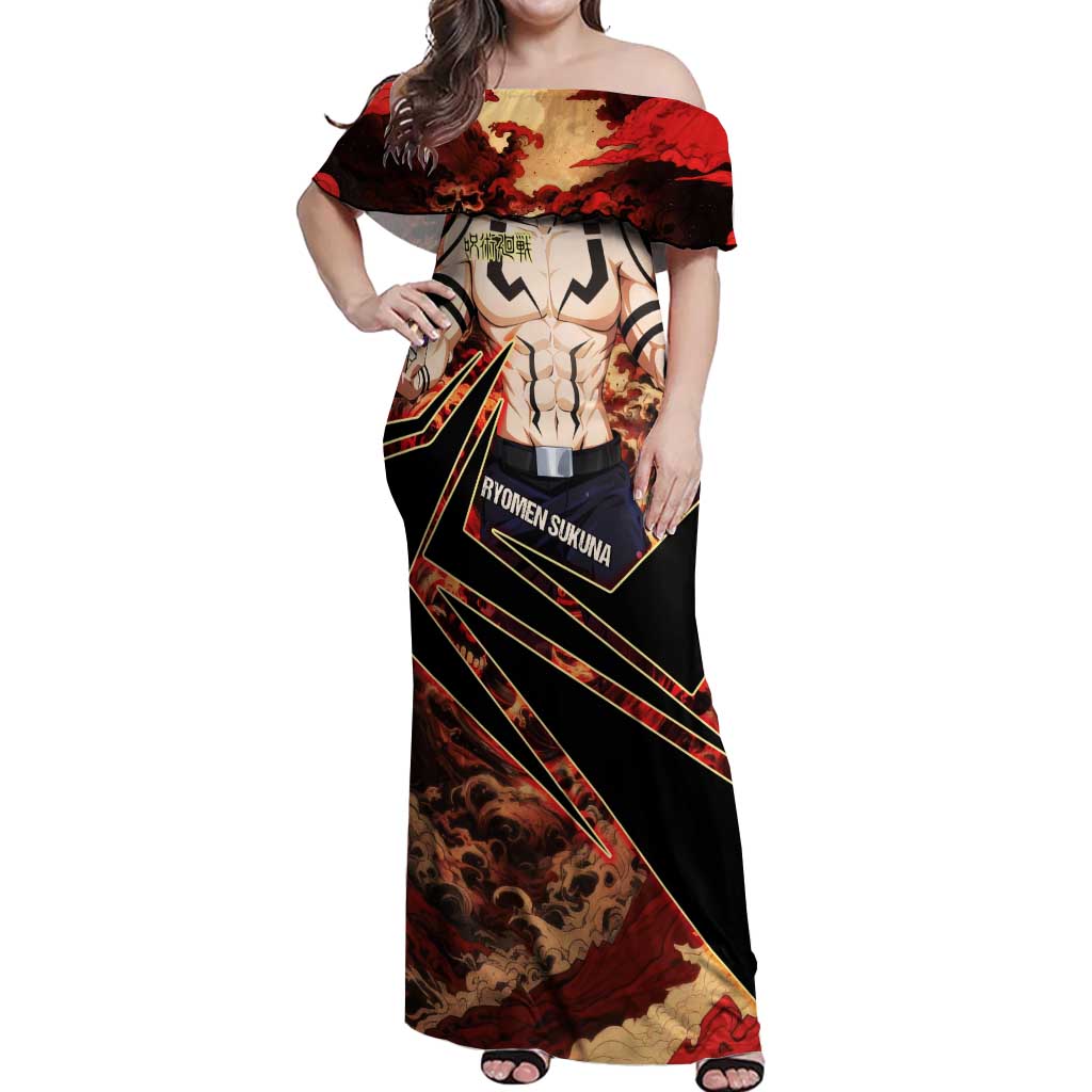 Ryomen Sukuna Malevolent Shrine Off Shoulder Maxi Dress Infernal Cursed Domain Art Style