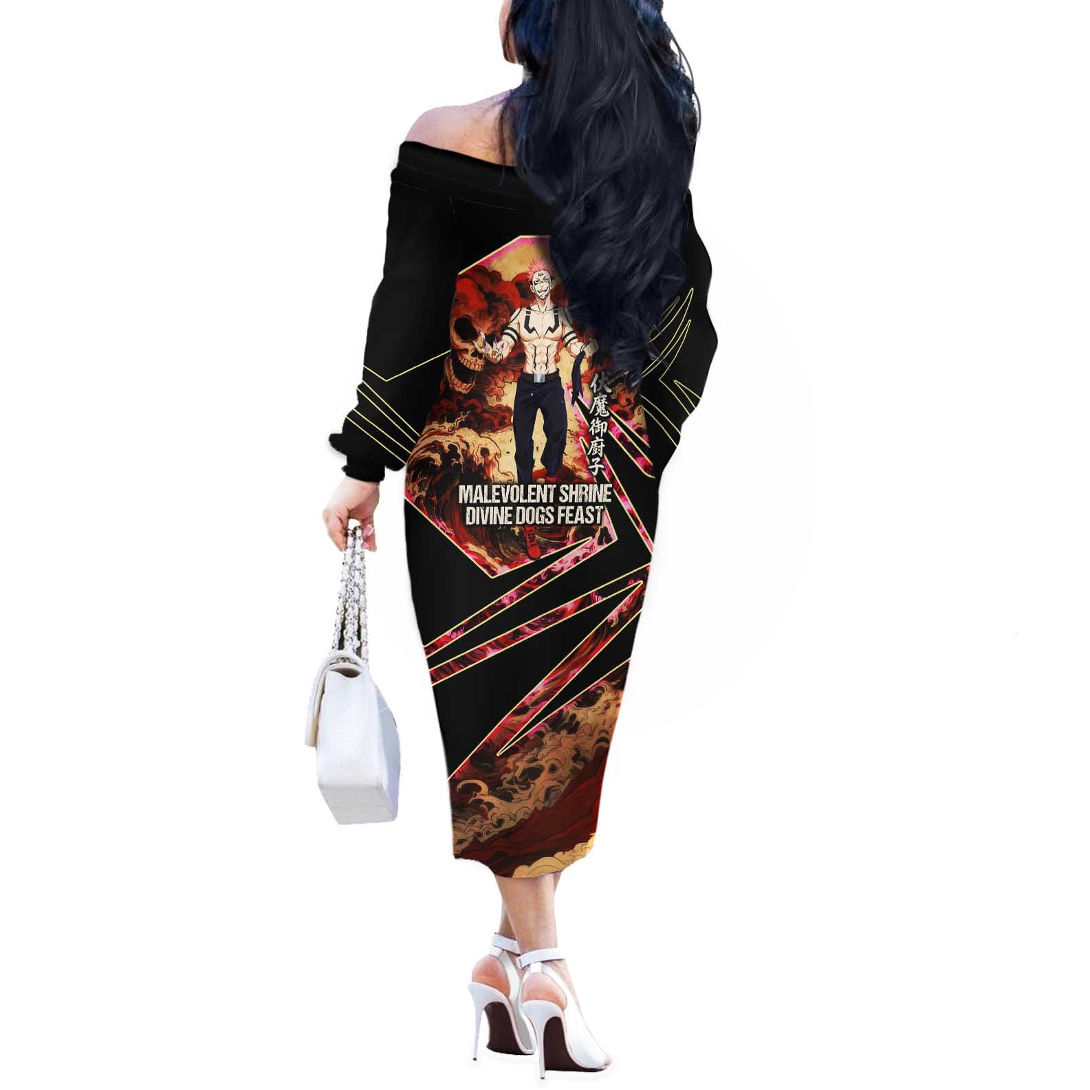Ryomen Sukuna Malevolent Shrine Off The Shoulder Long Sleeve Dress Infernal Cursed Domain Art Style