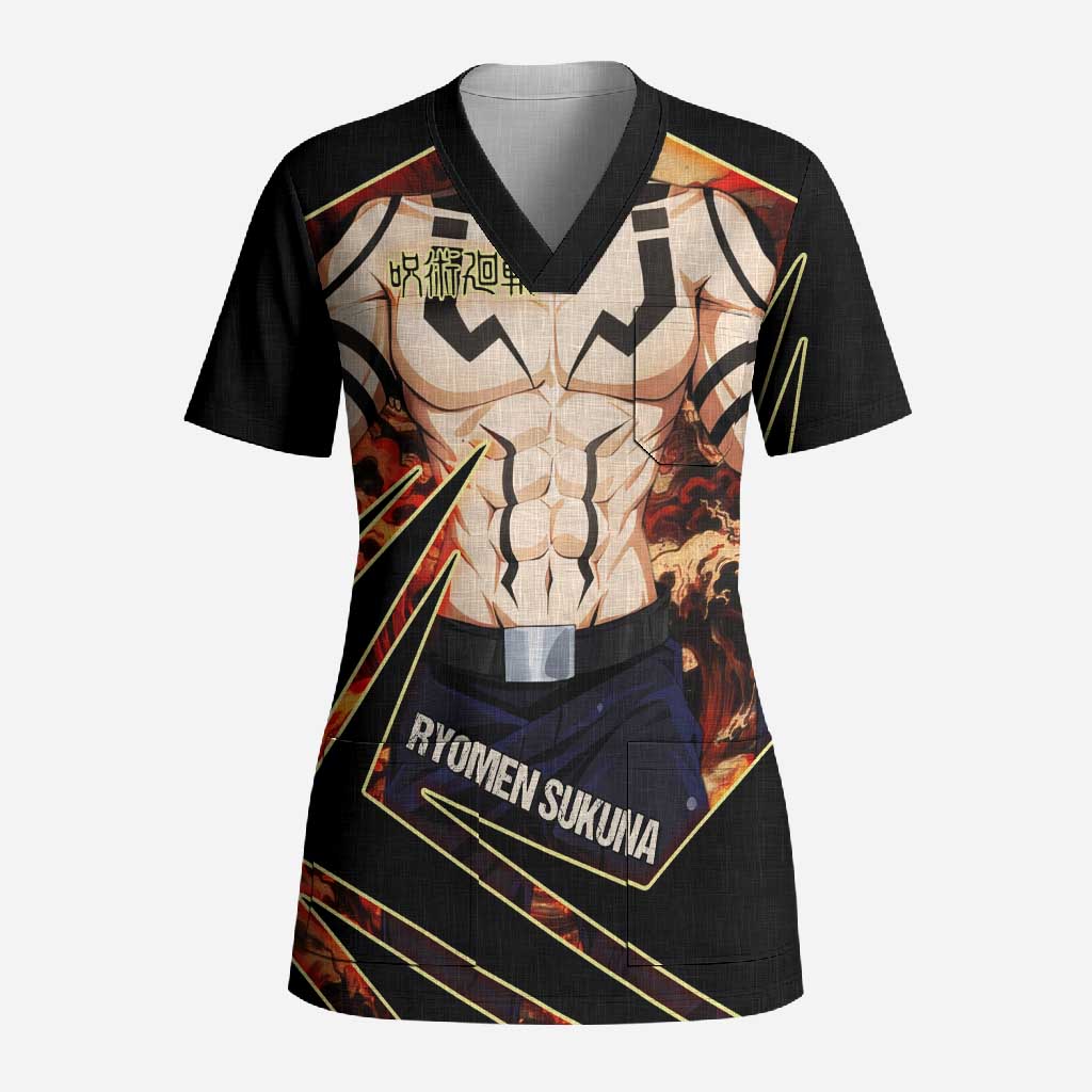 Ryomen Sukuna Malevolent Shrine Scrub Top Infernal Cursed Domain Art Style