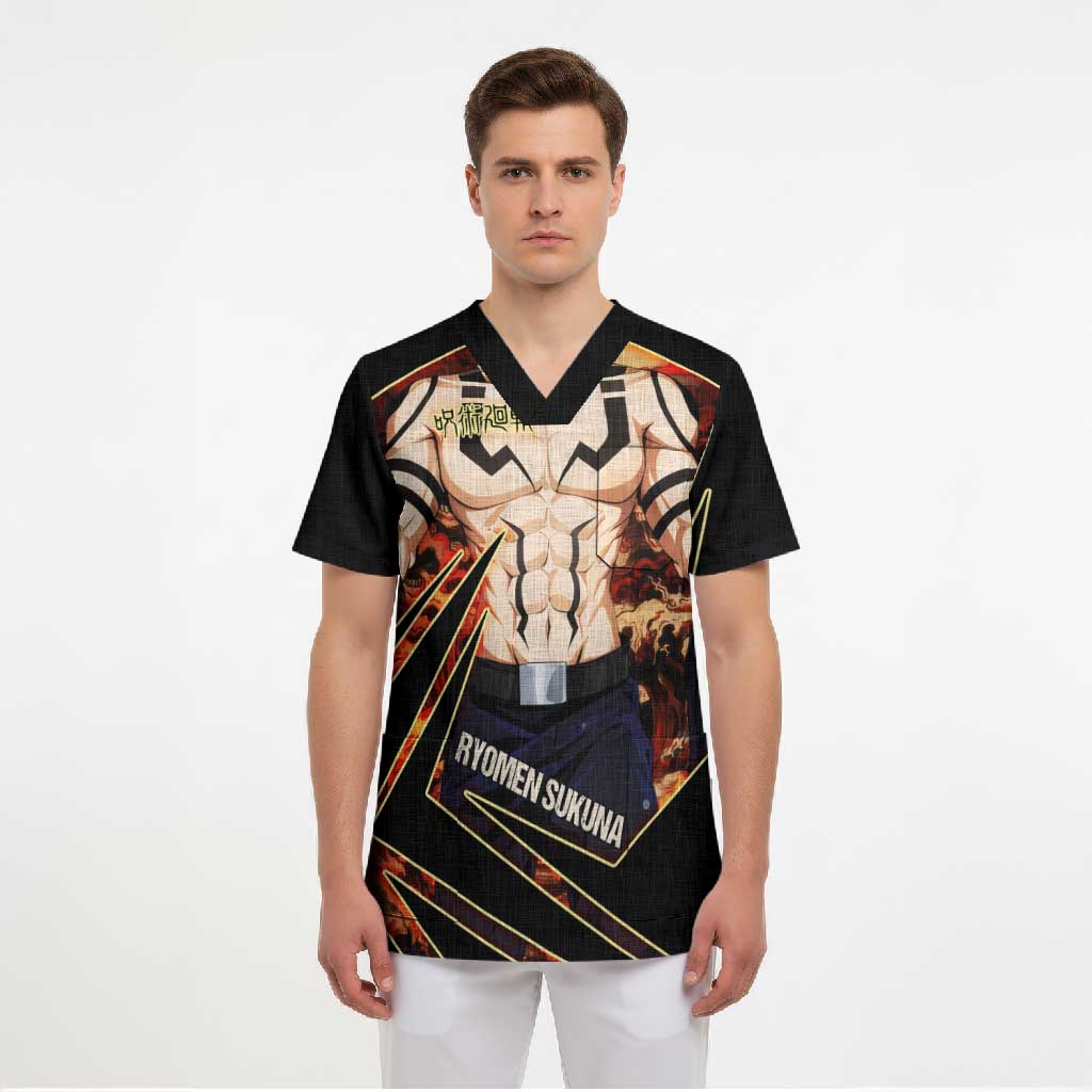 Ryomen Sukuna Malevolent Shrine Scrub Top Infernal Cursed Domain Art Style