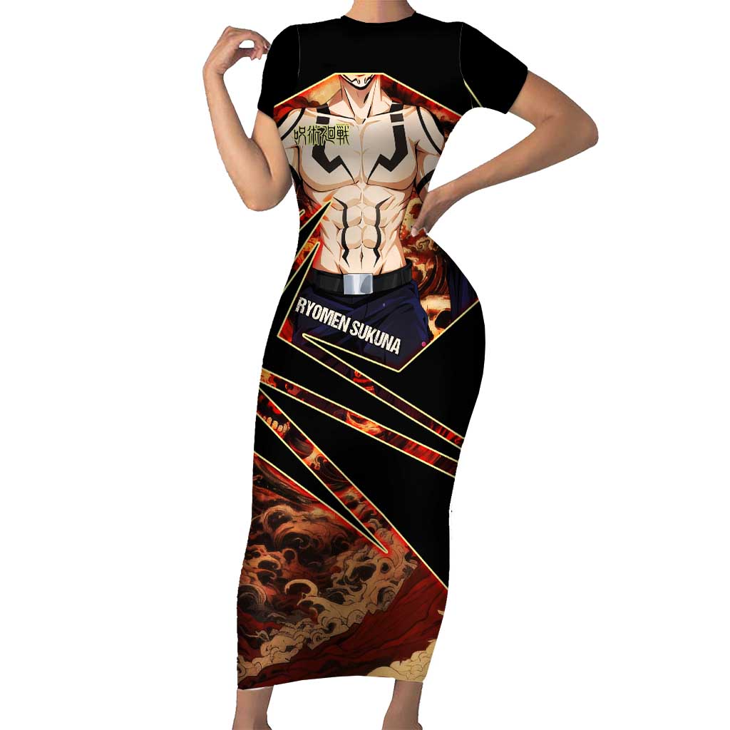 Ryomen Sukuna Malevolent Shrine Short Sleeve Bodycon Dress Infernal Cursed Domain Art Style