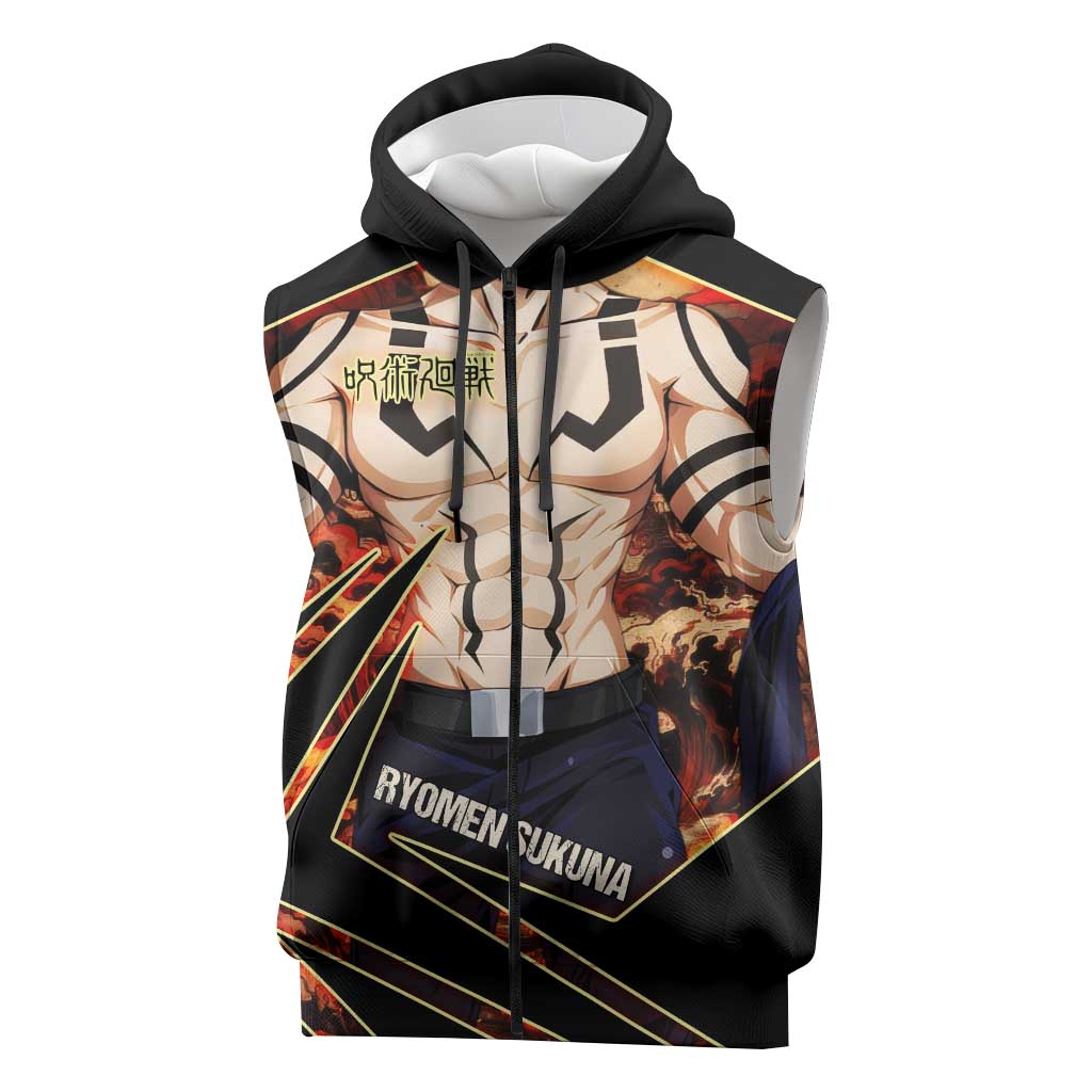 Ryomen Sukuna Malevolent Shrine Sleeveless Zip Hoodie Infernal Cursed Domain Art Style