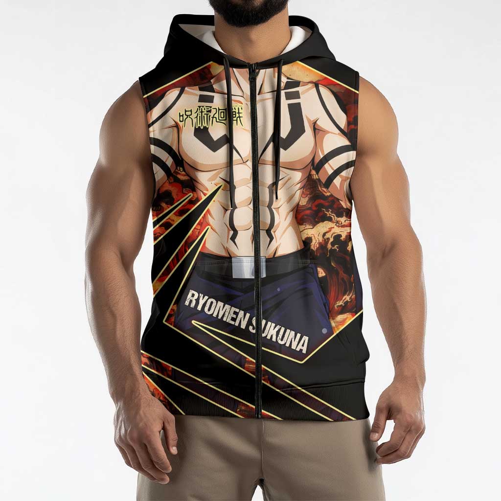 Ryomen Sukuna Malevolent Shrine Sleeveless Zip Hoodie Infernal Cursed Domain Art Style