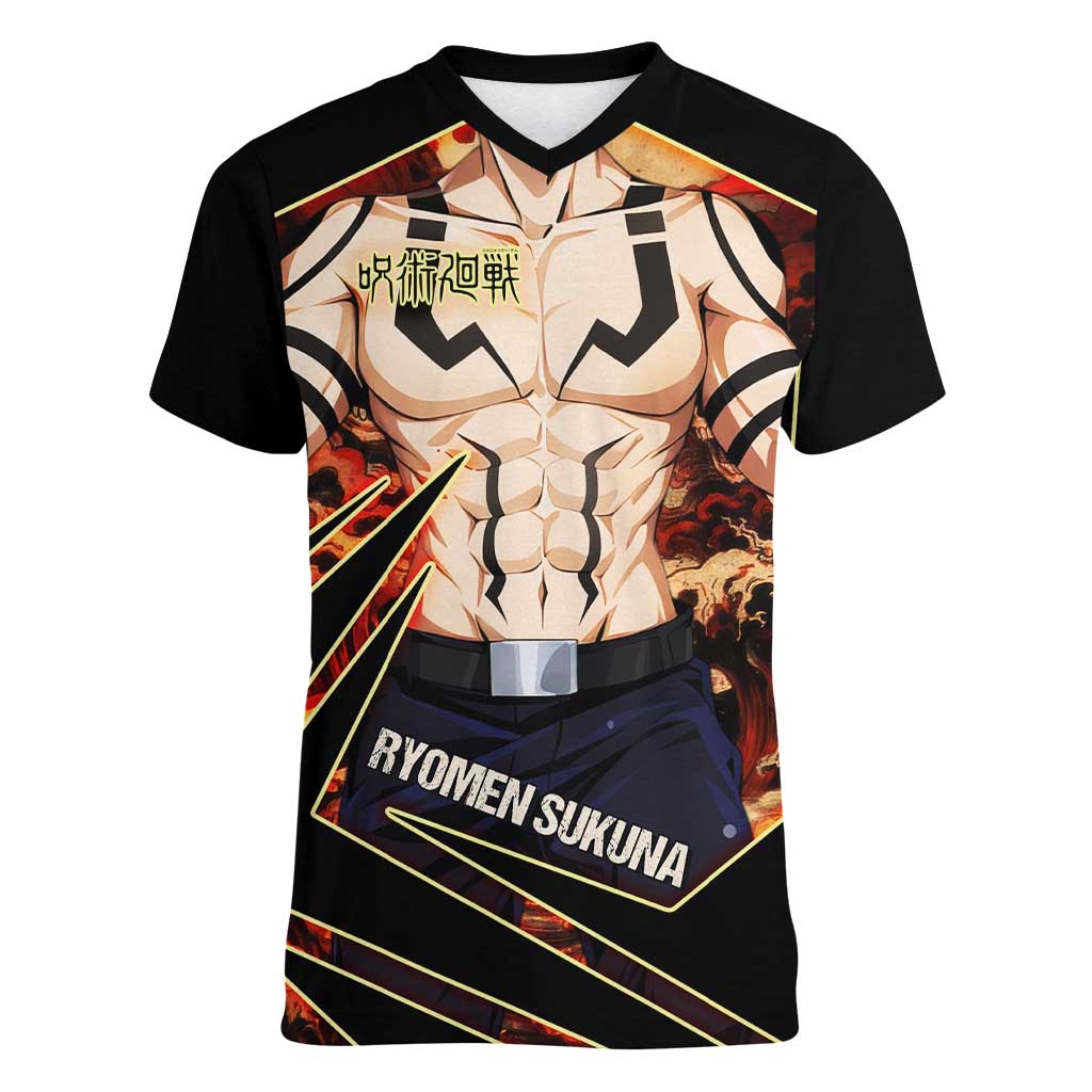 Ryomen Sukuna Malevolent Shrine Women V-Neck T-Shirt Infernal Cursed Domain Art Style