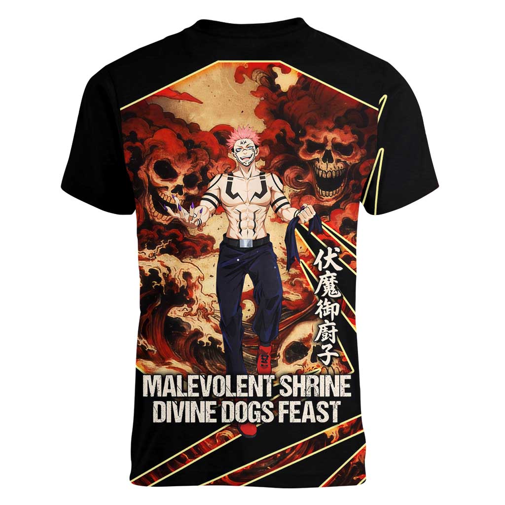 Ryomen Sukuna Malevolent Shrine Women V-Neck T-Shirt Infernal Cursed Domain Art Style
