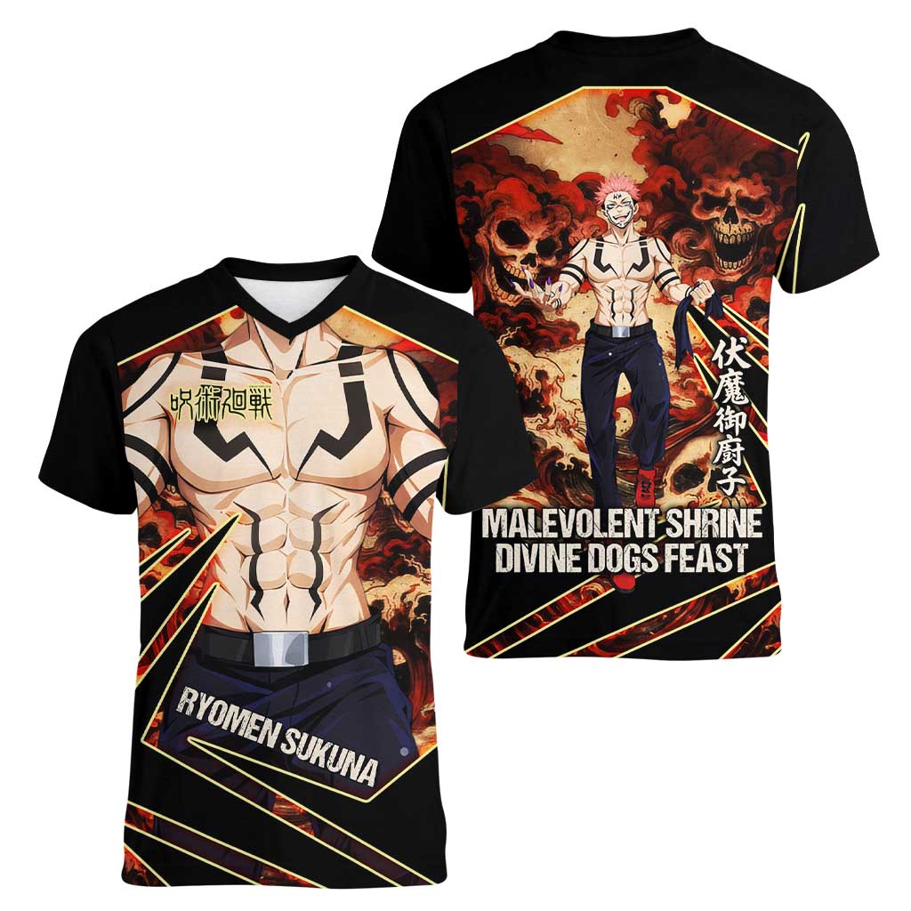 Ryomen Sukuna Malevolent Shrine Women V-Neck T-Shirt Infernal Cursed Domain Art Style