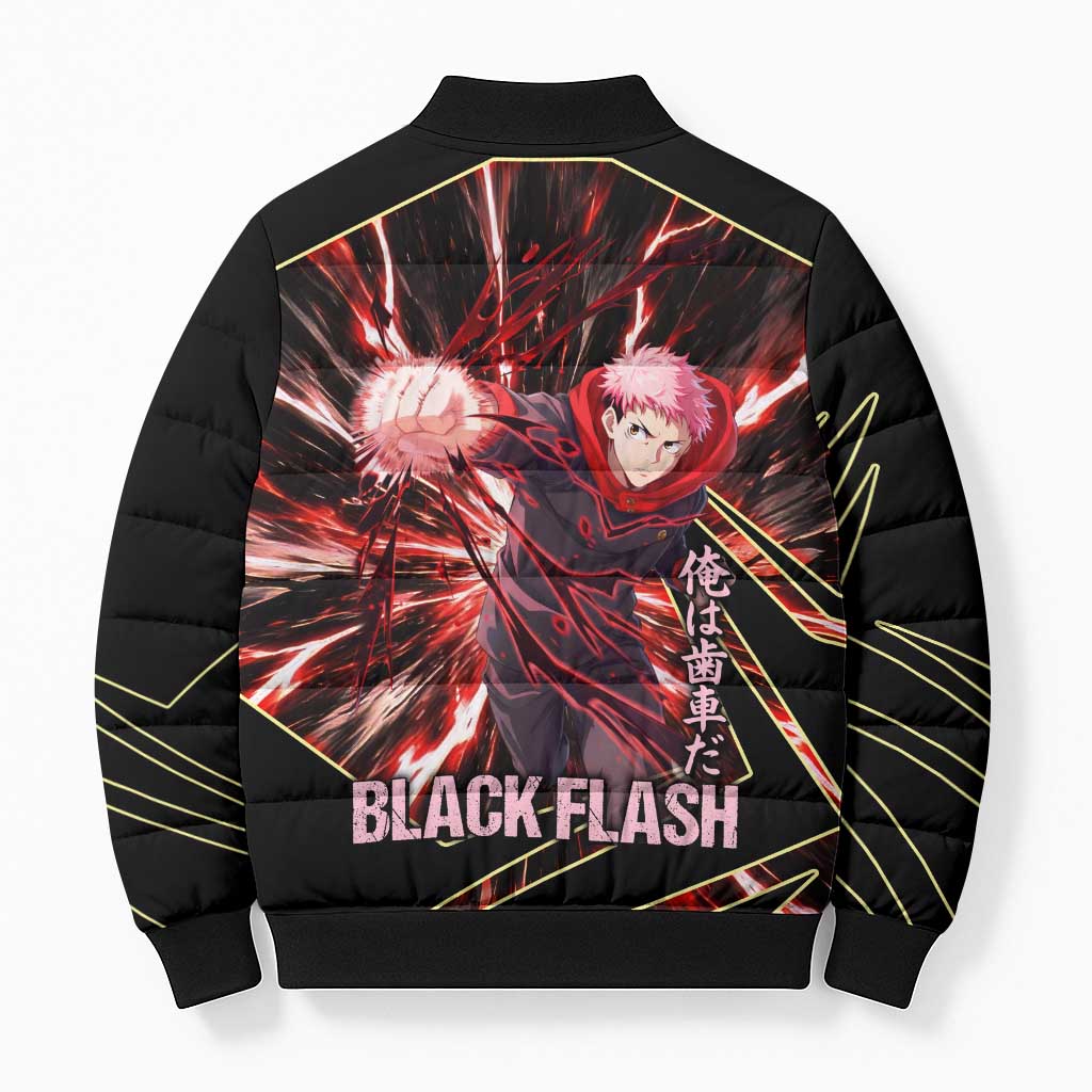 Yuji Itadori Black Flash Bomber Puffer Jacket Dynamic Cursed Energy Burst Style