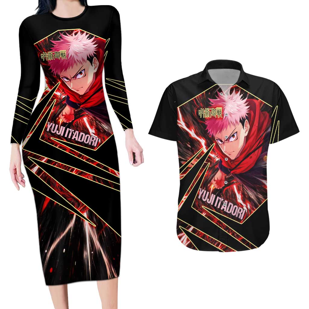 Yuji Itadori Black Flash Couples Matching Long Sleeve Bodycon Dress and Hawaiian Shirt Dynamic Cursed Energy Burst Style