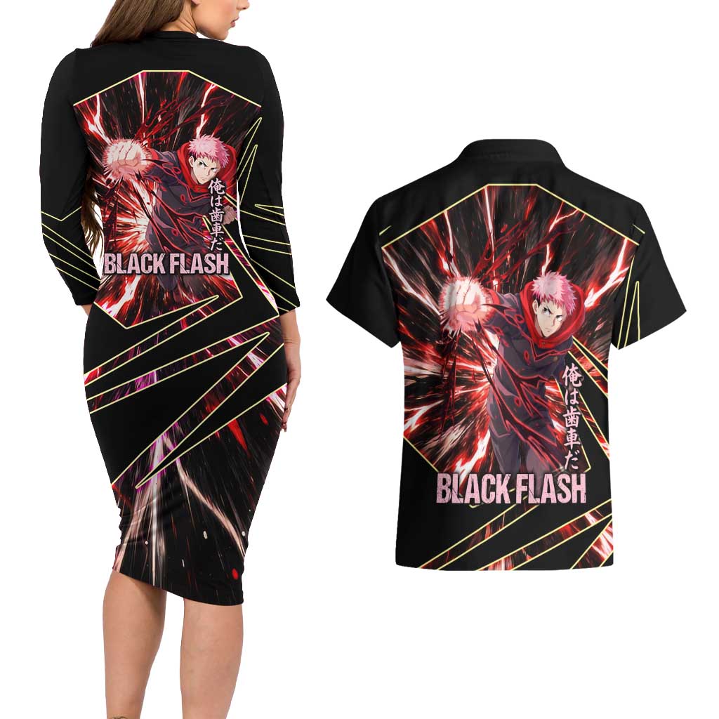 Yuji Itadori Black Flash Couples Matching Long Sleeve Bodycon Dress and Hawaiian Shirt Dynamic Cursed Energy Burst Style