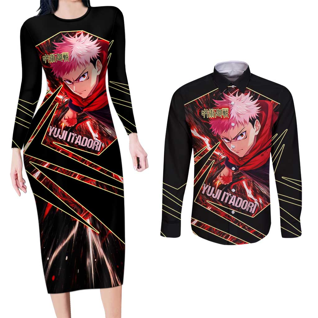 Yuji Itadori Black Flash Couples Matching Long Sleeve Bodycon Dress and Long Sleeve Button Shirt Dynamic Cursed Energy Burst Style