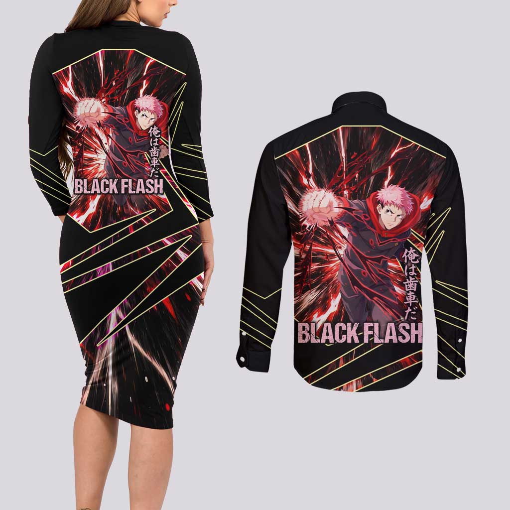 Yuji Itadori Black Flash Couples Matching Long Sleeve Bodycon Dress and Long Sleeve Button Shirt Dynamic Cursed Energy Burst Style